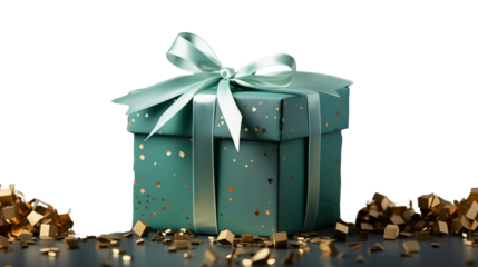 Vibrant green gift box with confetti for holidays and celebrations, isolated on transparent background.