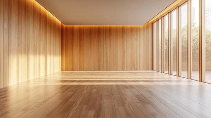 Fototapeta premium Empty minimalist room with wood panel walls