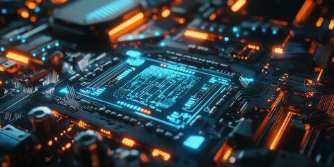 Obraz premium Abstract composition of glowing circuit boards and microchips in a digital environment at night