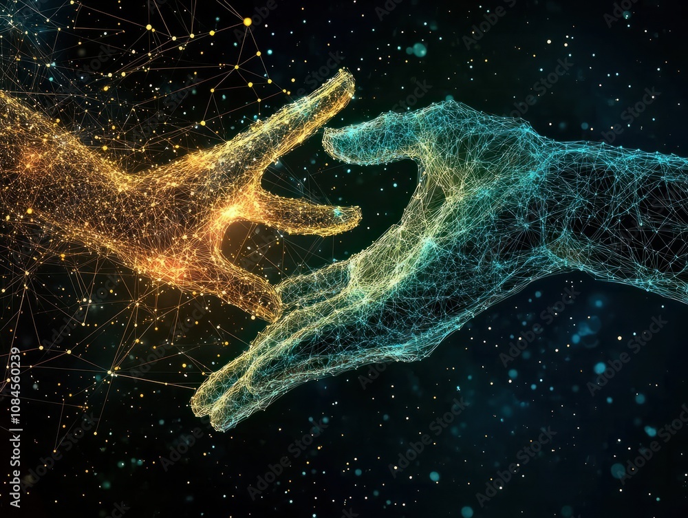 Poster people connecting hands, symbolizing teamwork with a graphical network overlay of points and lines