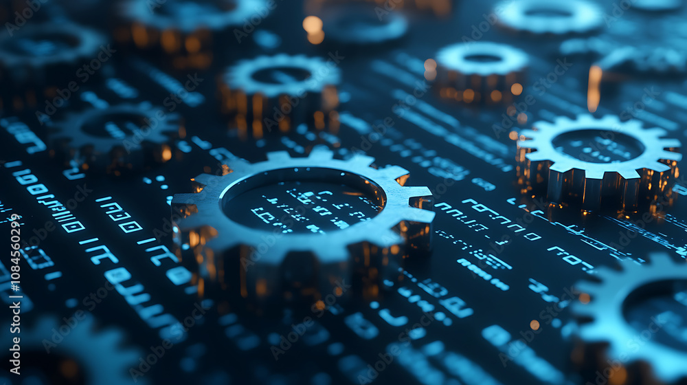 Poster Broken chain breaking the blockchain on a blue background with binary code and symbols of a network security concept