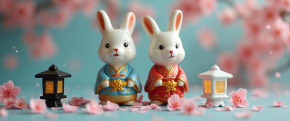 Two adorable ceramic bunnies, one dressed in a blue kimono and the other in a vibrant red, stand amidst a flurry of delicate pink cherry blossoms. Their enchanting expressions and the soft glow from