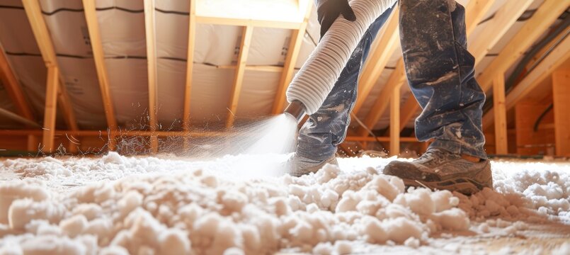 Contractor Installing Loose Fill Attic Insulation with Blower for Energy Efficiency