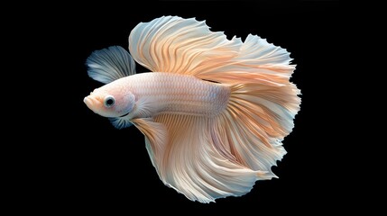 Photo of a crescent-tailed golden betta fish swimming on a black background.