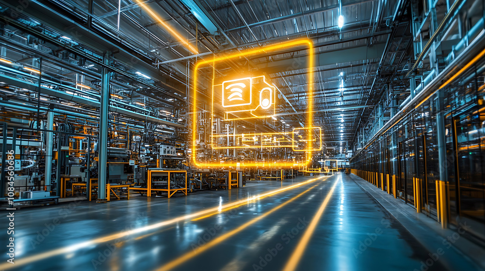 Poster Industrial factory showcasing 5G connection technology for high-speed wifi internet, enhancing manufacturing efficiency and automation process management for smart factories