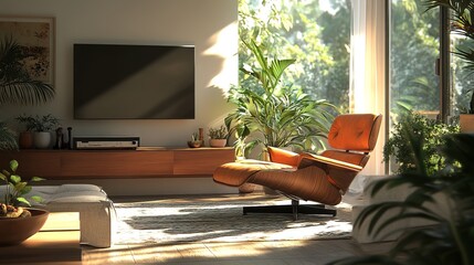 Cozy living room featuring a modern chair, TV, and natural light