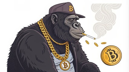 A Luxurious Gorilla Wearing a Bitcoin Necklace Smokes a Cigarette Surrounded by Floating Tokens. Generative AI
