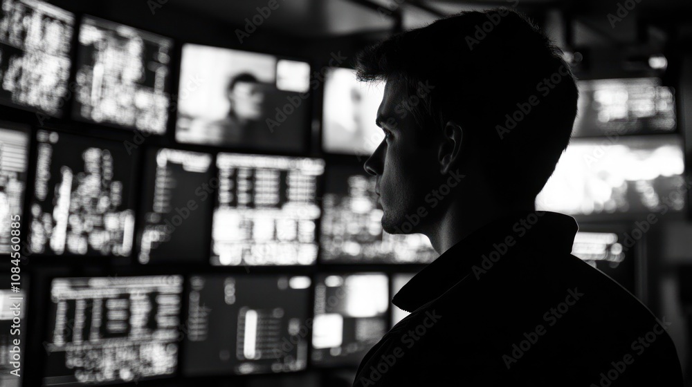 Poster a silhouette of a person observing multiple screens displaying data and images.