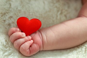 A baby hand holding a little heart 