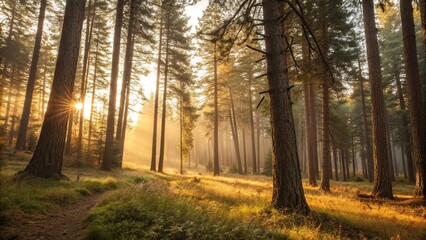 Obraz premium The last rays of sunlight filter through the trees as a serene forest glade is bathed in a warm golden light, calming scenes, vast landscape, evening hours