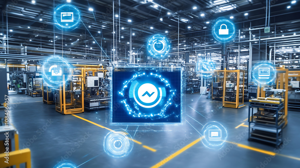 Poster Industrial factory showcasing 5G connection technology for high-speed wifi internet, enhancing manufacturing efficiency and automation process management for smart factories