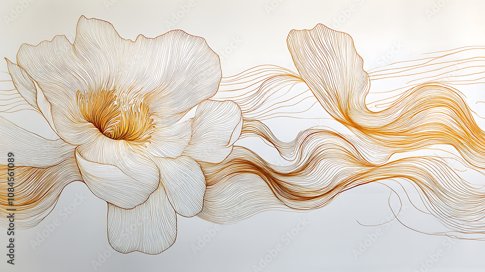 Poster white background with thin golden lines, hand drawn waves, lines and shapes in the form of large flo