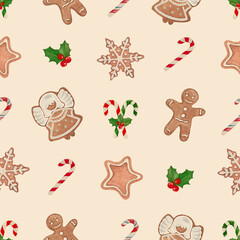 Seamless Hand-Painted Watercolor Christmas Pattern on Beige Background – Gingerbread and Candy Canes