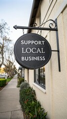 Round Black Sign Promoting Support for Local Businesses Mounted on a Building in a Quaint Neighborhood. Generative AI