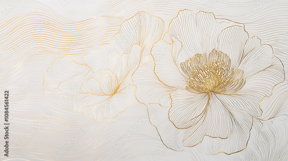 Poster white background with thin golden lines, hand drawn waves, lines and shapes in the form of large flo