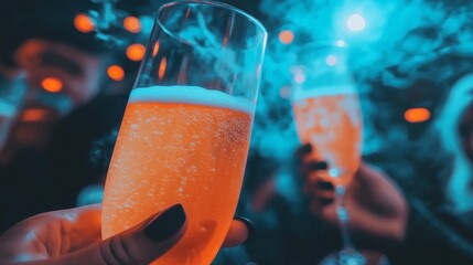 Close-Up of Sparkling Orange Halloween Cocktails in a Smoky Atmosphere, Concept of Festive Nightlife and Spooky Celebrations