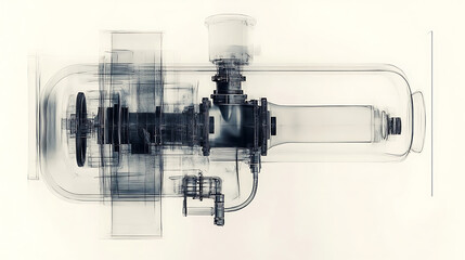 X-ray image of a water pump in black and white style, layered composition, white background