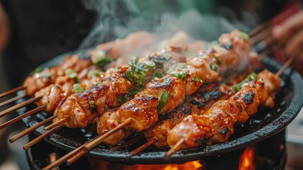 Zoomed-in image of a delicious Thai chicken satay dish.