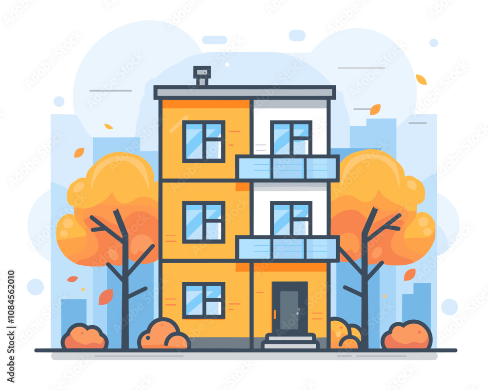 Poster tall yellow building with a balcony and a tree in front of it. the building is surrounded by trees a