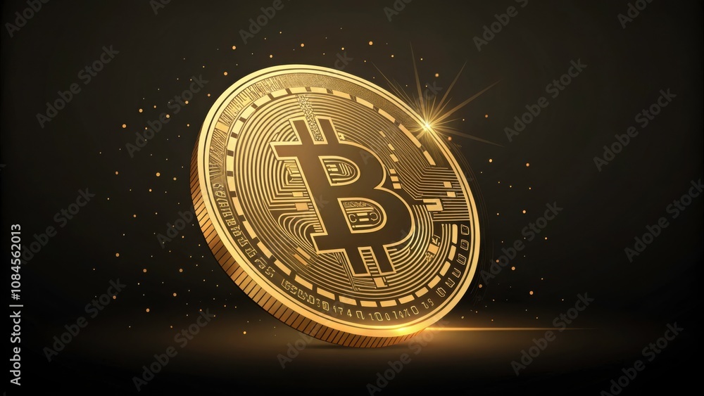 Poster stylish vector illustration of a bitcoin coin standing out against a dark background with sparks. ge
