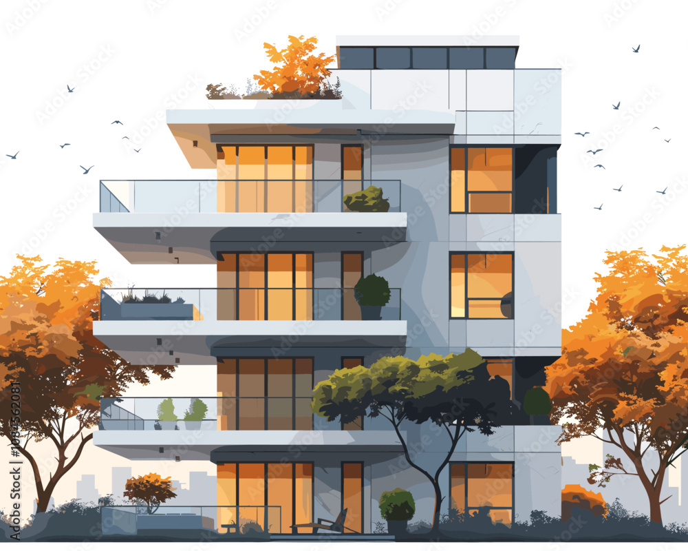 Poster tall building with a lot of windows and a balcony. the building is surrounded by trees and has a lot