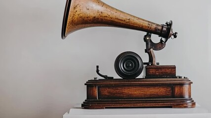 An antique gramophone, crafted from dark wood with metallic components, is displayed on a plain white surface
