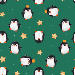 penguin seamless pattern. hand painted winter background. penguins and star