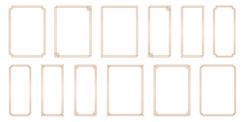 Set of simple, Gold line frames with double stroke. Collection of vertical blank templates to decorate text. Vector borders and frames..eps