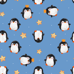 penguin seamless pattern. hand painted winter background. penguins and star