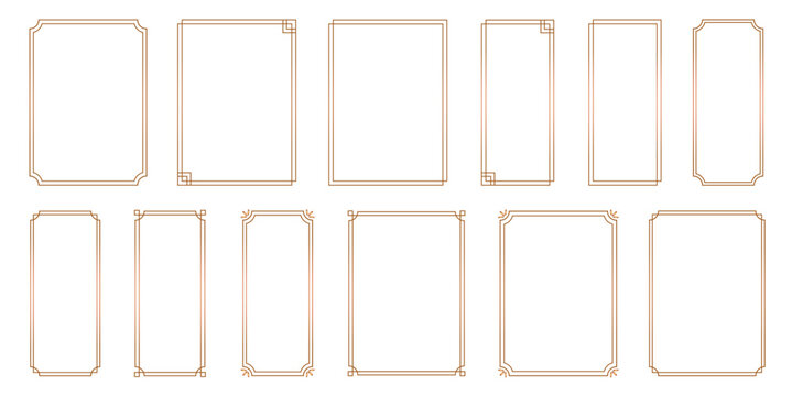 Naklejki Set of simple, Gold line frames with double stroke. Collection of vertical blank templates to decorate text. Vector borders and frames..eps