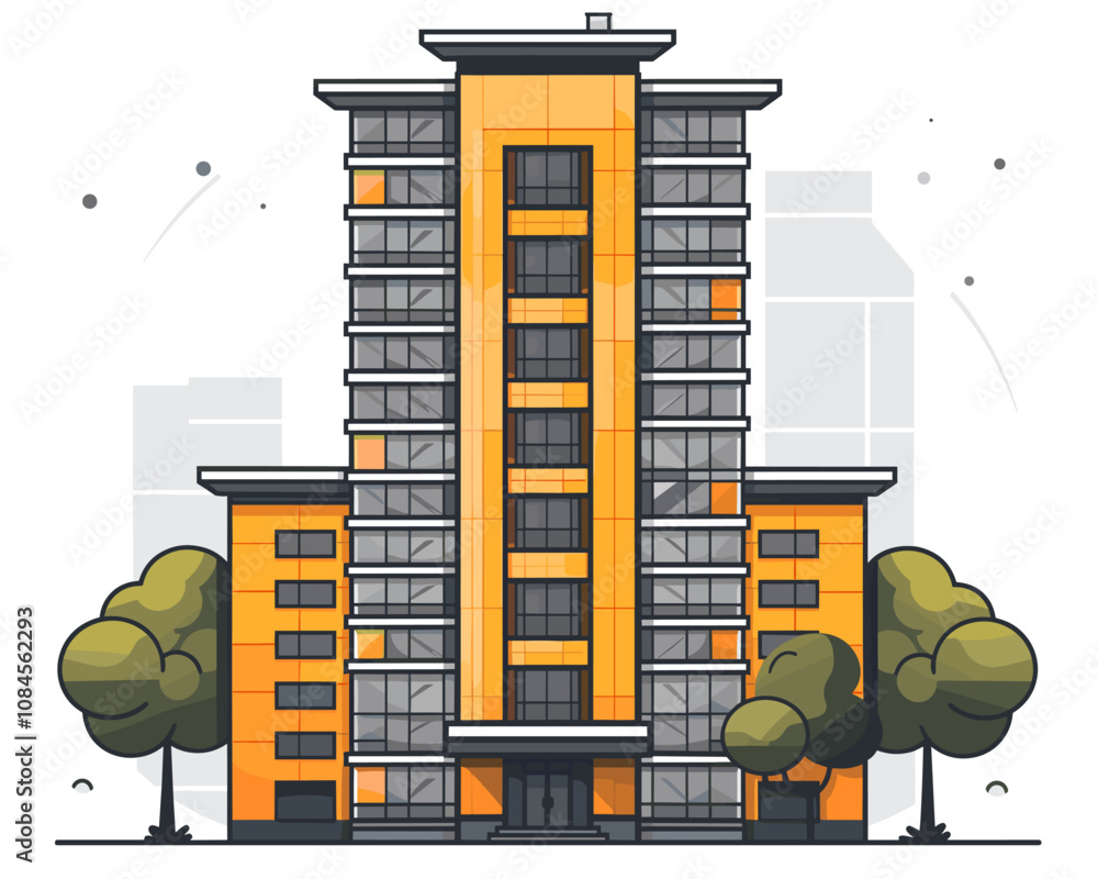 Poster tall building with a lot of windows and a green tree in front of it. the building is orange and has 