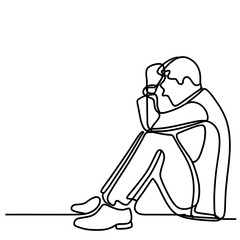 Obraz premium line drawing of young stressed male worker. young depressed sales manager sitting and holding head. He get sacked.Job dismissal concept