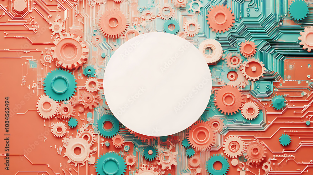 Poster Banner with white circle in center and colorful gears around it, circuit board patterns on background