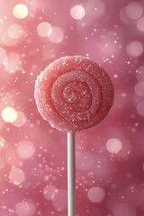 A close up of a pink and white spiral lollipop with a soft pink background during a festive occasion