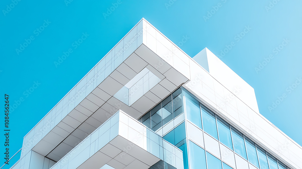 Poster modern architecture, white building with geometric shapes and windows, clear blue sky in the backgro