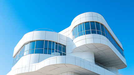 Fototapeta premium Modern architecture, white building with geometric shapes and windows, clear blue sky in the background