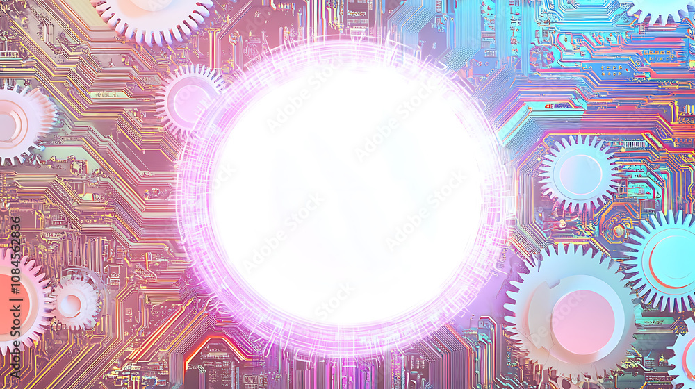 Poster Banner with white circle in center and colorful gears around it, circuit board patterns on background