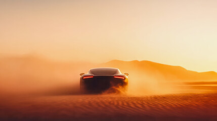 A car driving through a sandstorm at sunset in a desert landscape. Generative AI