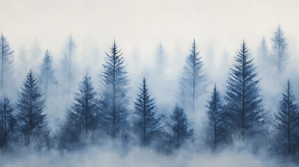 Obraz premium Pattern of a misty pine forest, with each tree in soft shades of blue and grey against a white background The trees form an ethereal border along the edge