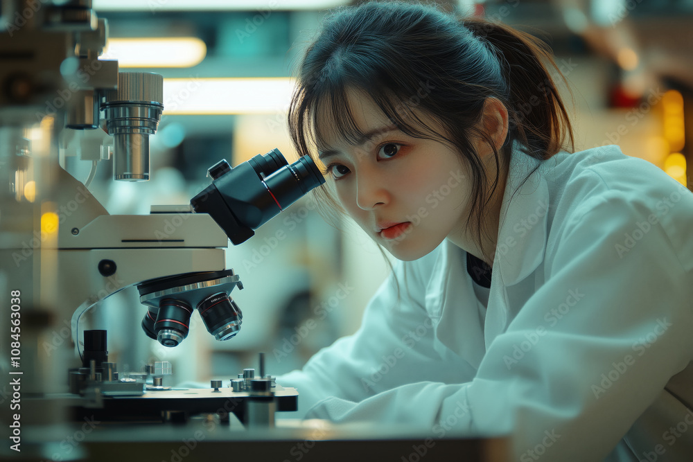 Poster female engineer examining samples under a microscope in a modern laboratory