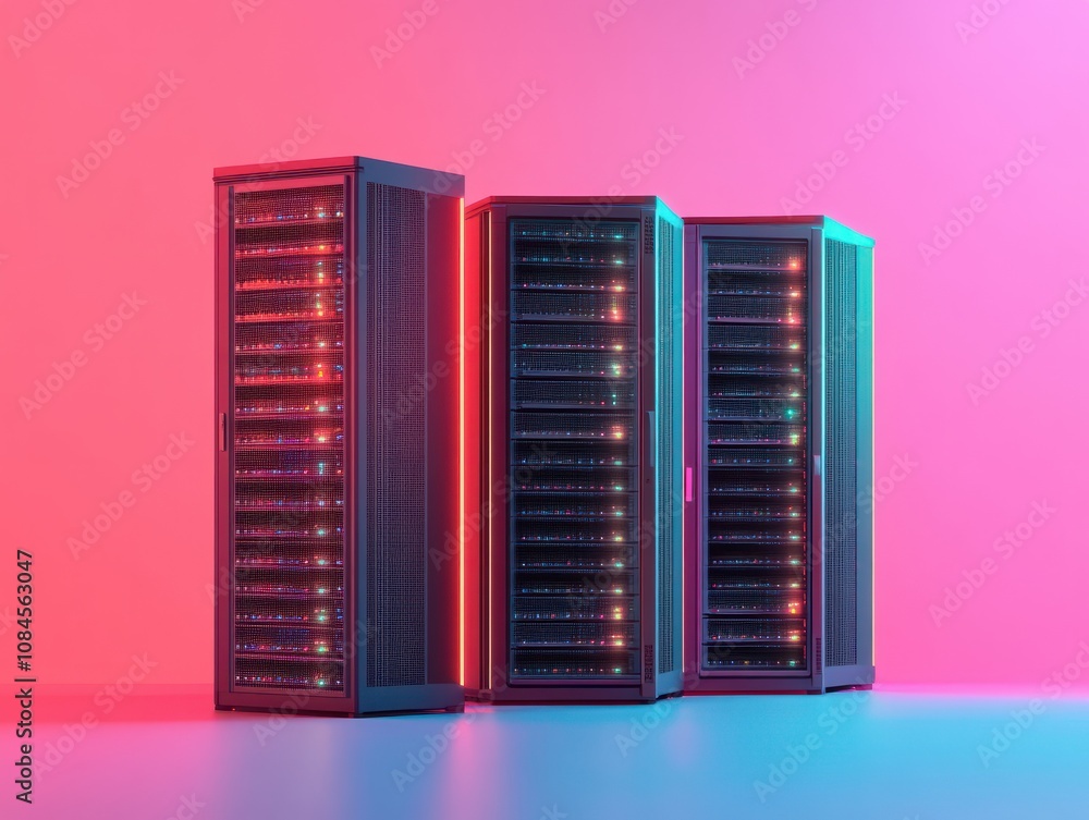Poster several server racks standing in front of a clean background