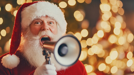 Santa Claus cheers with a megaphone amidst festive holiday decorations. Generative AI