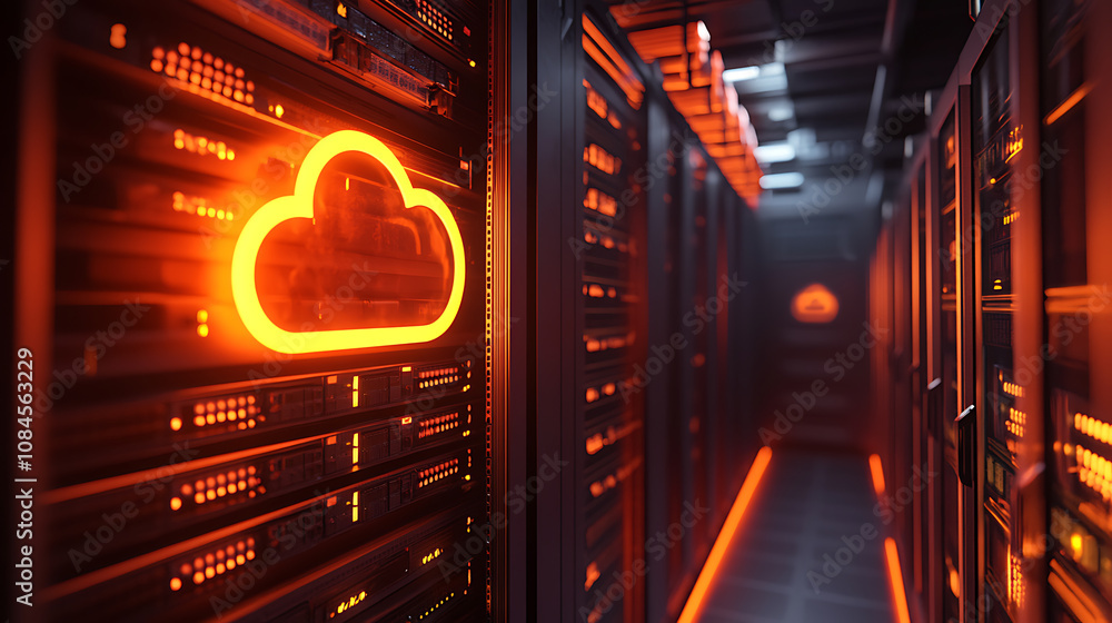 Poster Render of cloud computing with glowing orange color on dark background in a modern server room interior Cloud technology concept