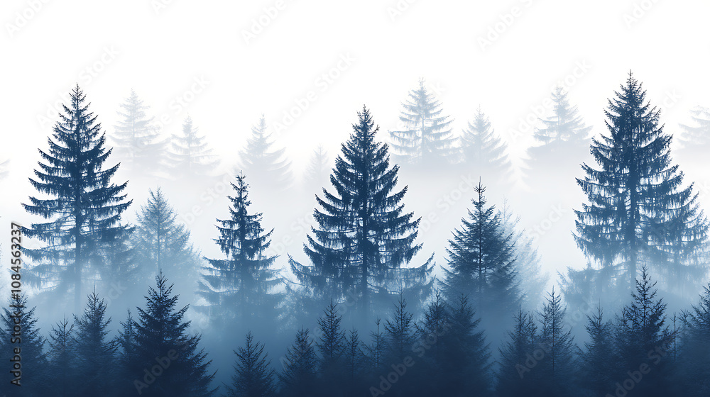 Aufkleber pattern of a misty pine forest, with each tree in soft shades of blue and grey against a white backg