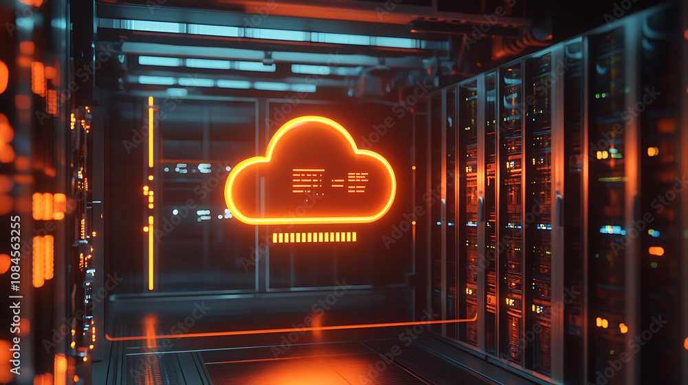 Poster Render of cloud computing with glowing orange color on dark background in a modern server room interior Cloud technology concept