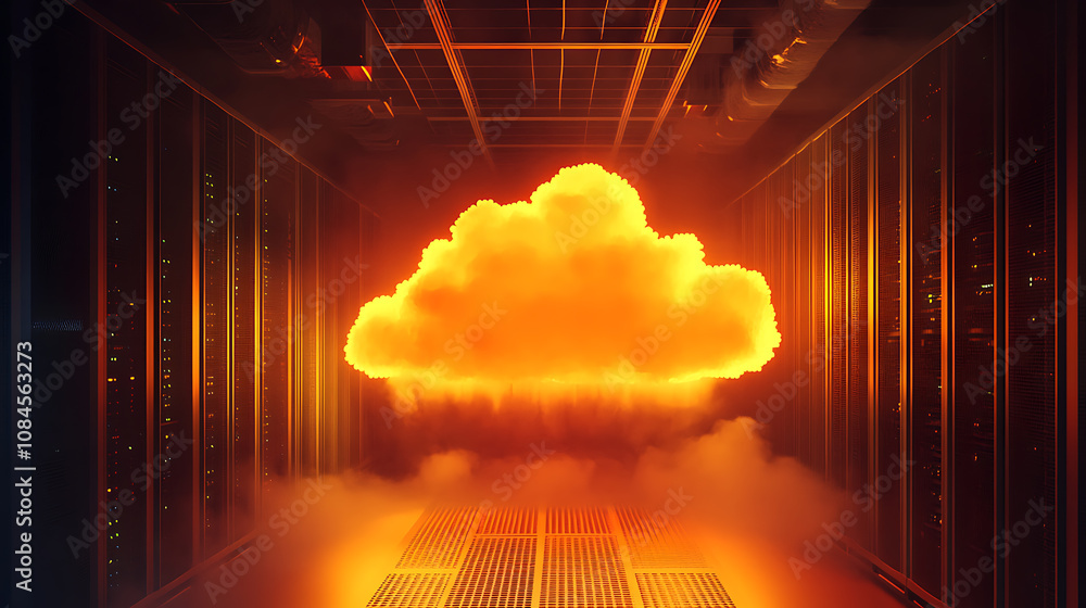 Poster render of cloud computing with glowing orange color on dark background in a modern server room inter