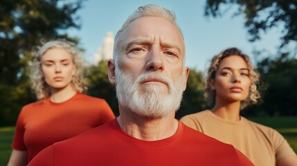 Fototapeta premium Confident Mature Leader Standing with a Diverse Team Outdoors, Concept of Leadership, Strength, and Teamwork