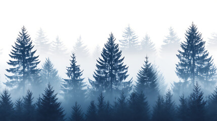 Obraz premium Pattern of a misty pine forest, with each tree in soft shades of blue and grey against a white background The trees form an ethereal border along the edge