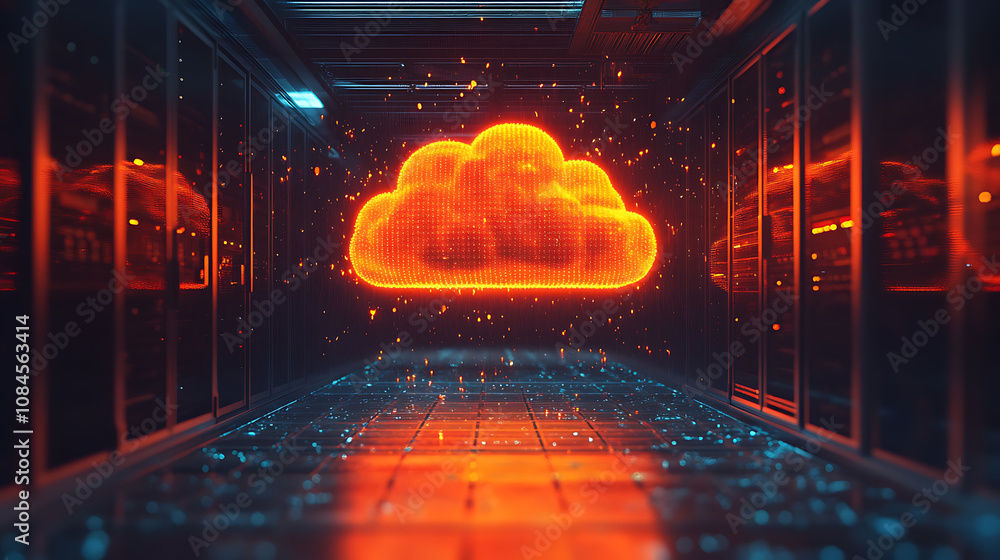 Fototapete render of cloud computing with glowing orange color on dark background in a modern server room inter