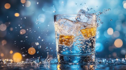 Photo of a refreshing glass of soda with ice cubes splashing on a light blue background.